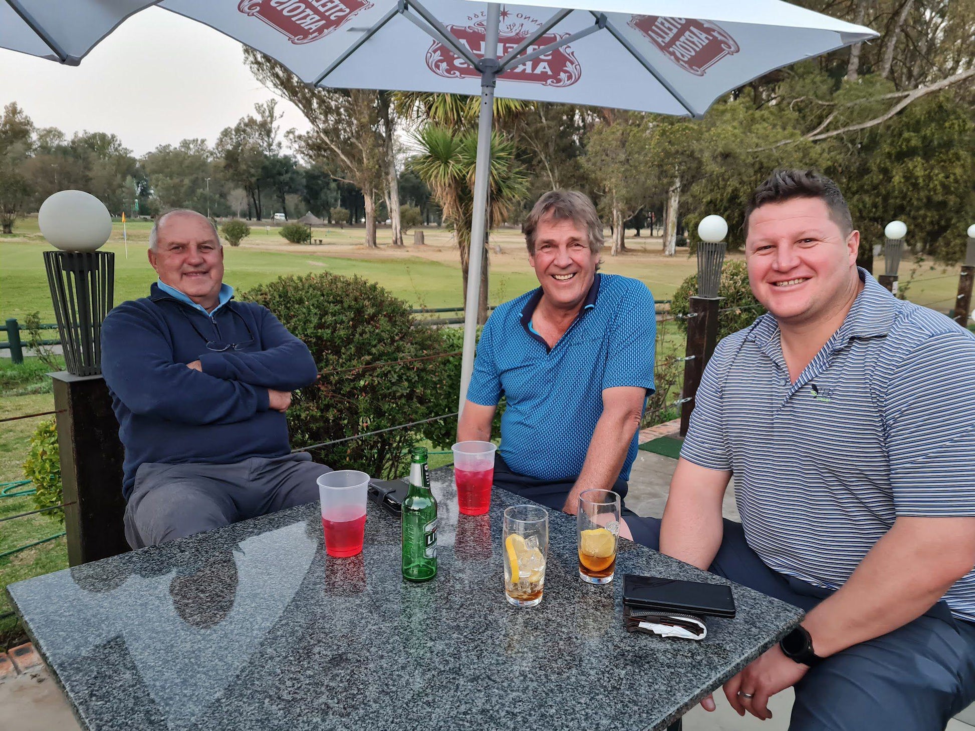 Nature, Ball Game, Sport, Golfing, Person, Palm Tree, Plant, Wood, Food, Beer, Drink, Face, Group, Three Faces, Frontal Face, Male, Adult, Eyes Open, Smile, Eyes Closed, Schoeman Park Golf Club, Maselspoort St, Bloemfontein, Free State, 9301