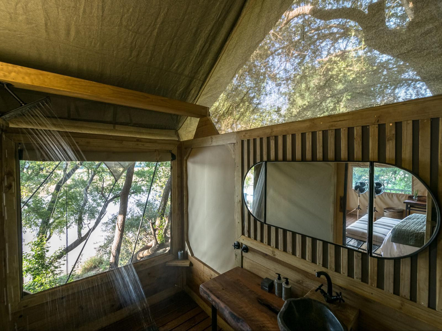 Bundox River Lodge, Luxe Safari Tent 1, Boat, Vehicle, Cabin, Building, Architecture, Sauna, Wood