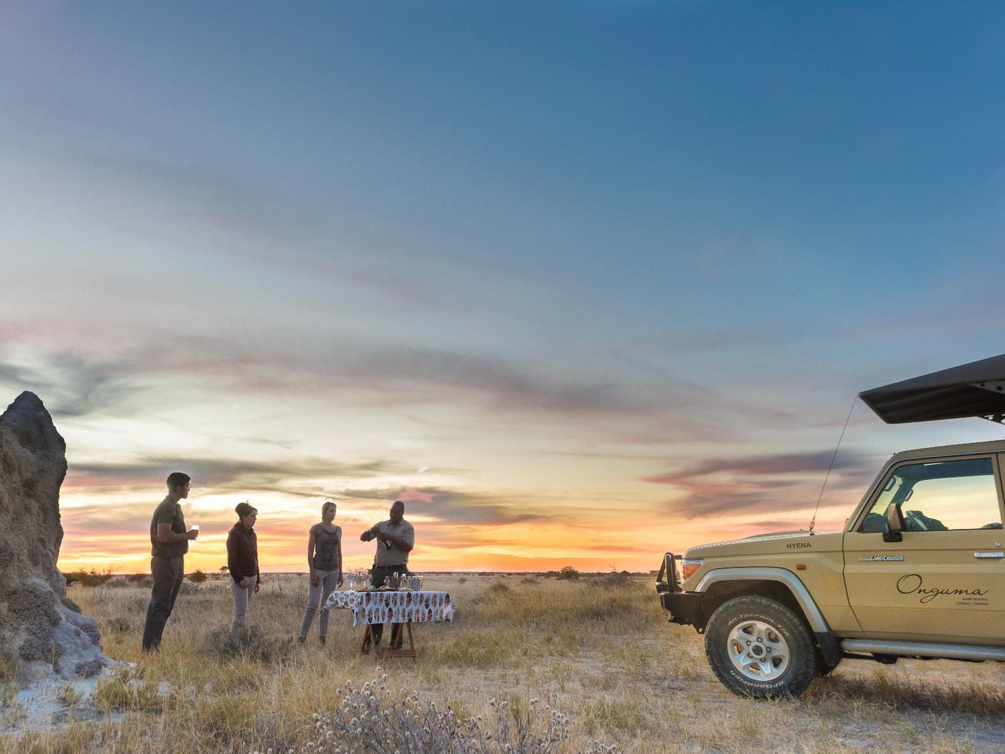 Onguma Bush Camp, Group, Person, Silhouette, Desert, Nature, Sand, Sunset, Sky, Vehicle