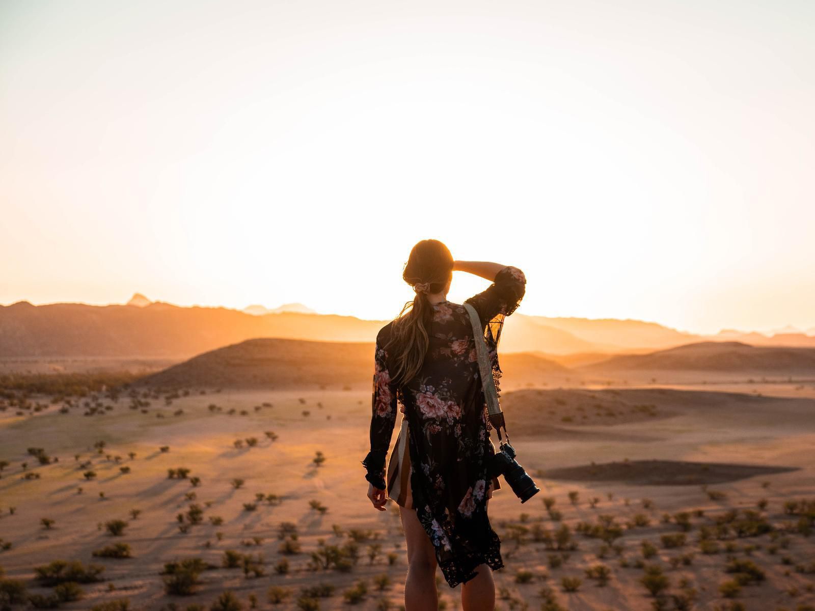 Twyfelfontein Adventure Camp, Standing, Person, Silhouette, Desert, Nature, Sand, Sunset, Sky, Portrait